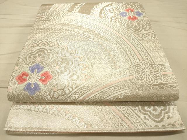 平和屋着物◎両面　全通柄袋帯　正倉院花文　銀糸　正絹　逸品　DAAK2506ob