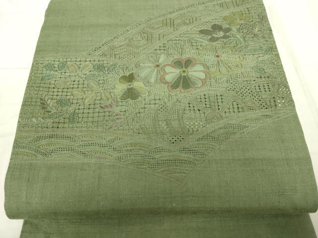 平和屋着物■中国三大刺繍　汕頭刺繍　スワトウ刺繍　総刺繍　太鼓柄袋帯　紬地　花車文　松葉色　正絹　逸品　DAAH7522sf