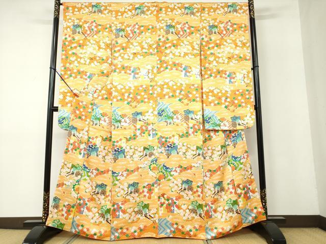 平和屋着物■豪華振袖　御所車草花文　正絹　逸品　DAAJ2396ud