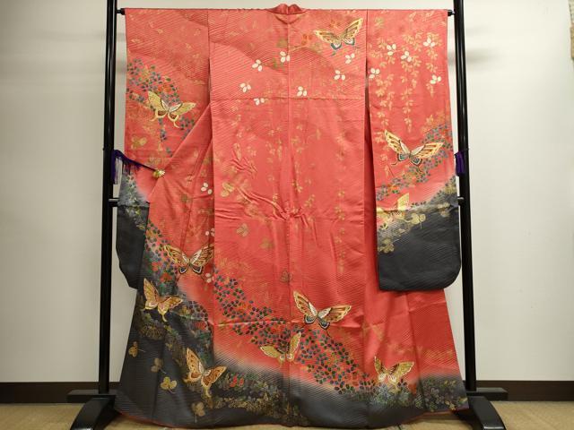平和屋着物■豪華振袖　駒刺繍　舞蝶萩文　暈し染め　金彩　正絹　逸品　CAAI4370ze