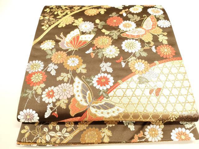 平和屋着物◎両面　六通柄袋帯　唐織　舞蝶籬花文　金糸　正絹　逸品　DAAI5706op
