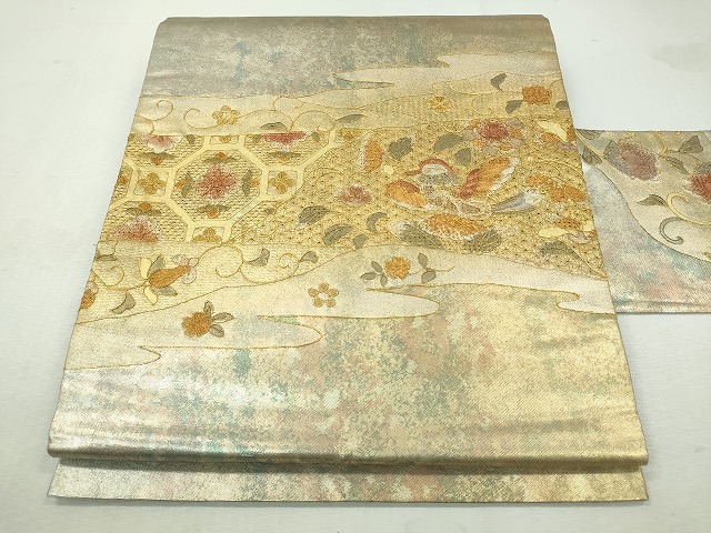 平和屋着物◎九寸名古屋帯　総刺繍　スワトウ刺繍　花鳥唐草文　金糸　引箔　正絹　逸品　CAAI3881ku