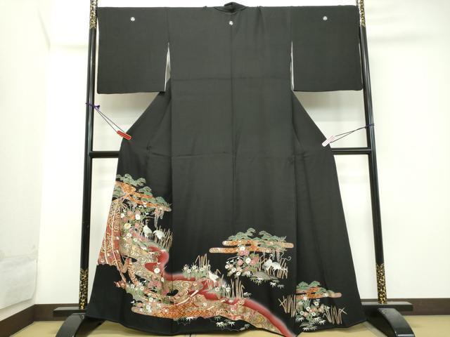 平和屋着物■豪華黒留袖　駒刺繍　流水群鶴草花文　暈し染め　金彩　正絹　逸品　DAAJ2349ud