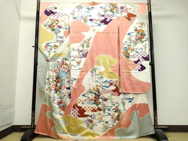 平和屋着物■豪華振袖　駒刺繍　流水貝桶花鳥文　金彩　正絹　逸品　DAAJ2280ud