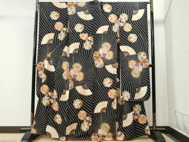 平和屋着物■豪華振袖　扇面草花丸文　黒地　金彩　正絹　逸品　CAAJ2577yc