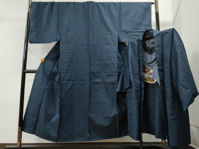 平和屋着物■男性　お召　アンサンブル　80亀甲　羽裏：虎　鷹　正絹　逸品　未使用　CAAJ2429yc