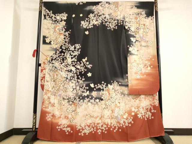 平和屋着物■大正の浮世絵師 竹久夢二 夢二ロマン 振袖 駒刺繡 伊勢物語 短冊花蝶文 桜 暈し染め 黒地 金彩 正絹 逸品 AAAL4100ja