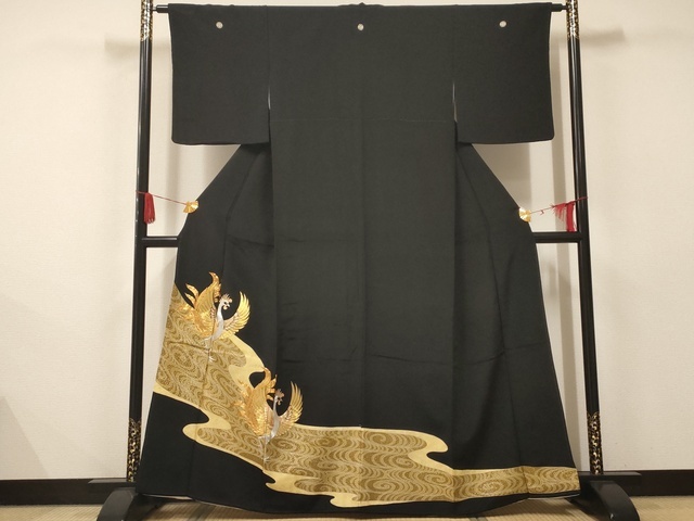 平和屋着物■豪華黒留袖　駒刺繡　鳳凰文　金彩　正絹　逸品　AAAL1443gk