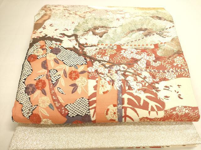 平和屋着物◎太鼓柄袋帯　唐織　誰が袖風景花文　金銀糸　正絹　逸品　DAAI5775op