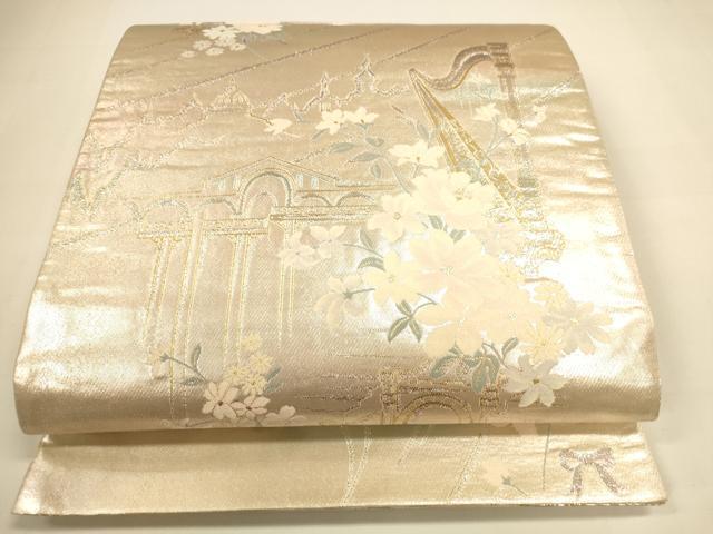 平和屋着物◎六通柄袋帯　風景花文　金銀糸　引箔　正絹　逸品　DAAI5786op