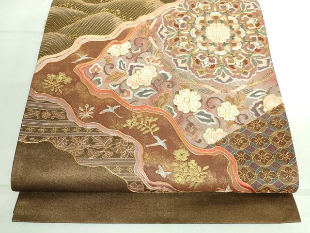 平和屋着物●太鼓柄袋帯　駒刺繍　正倉院花文　金糸　正絹　逸品　DAAJ1594ic