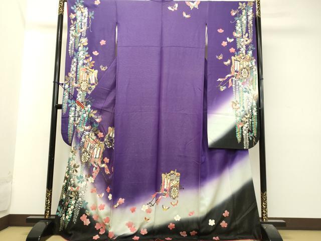 平和屋着物●豪華振袖　御所車花蝶文　暈し染め　金彩　銀通し地　正絹　逸品　DAAJ5733du