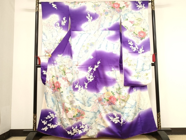 平和屋着物■豪華振袖　駒刺繡　扇面花文　暈し染め　金銀彩　正絹　逸品　AAAL1397gk
