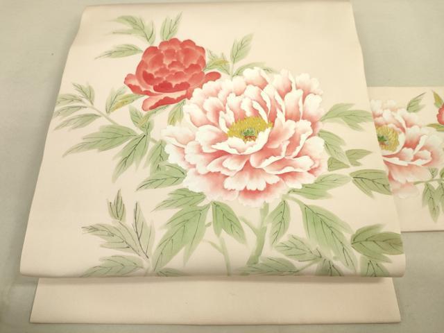 平和屋着物●塩瀬　九寸名古屋帯　手描き　牡丹　逸品　DAAJ3803jm