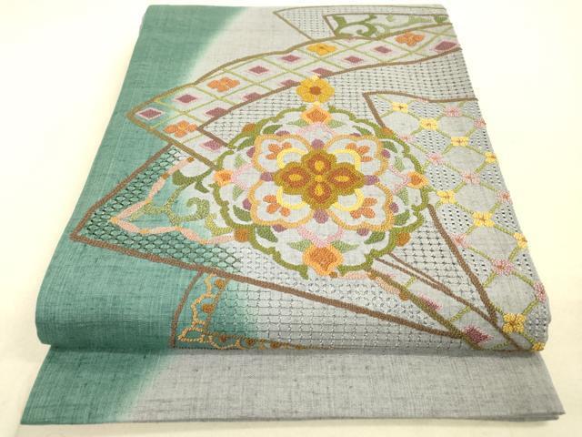 平和屋着物●中国三大刺繍　相良刺繍　総刺繍　太鼓柄袋帯　紬地　正倉院扇面花文　正絹　逸品　DAAJ6013fe