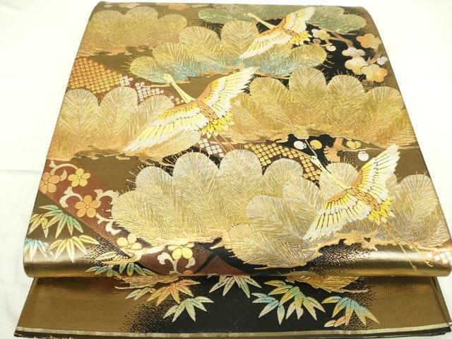平和屋着物●西陣　尾島産業謹製　六通太鼓柄袋帯　本金箔二重引錦　松寿千年　飛鶴文　正絹　逸品　DAAI8164az