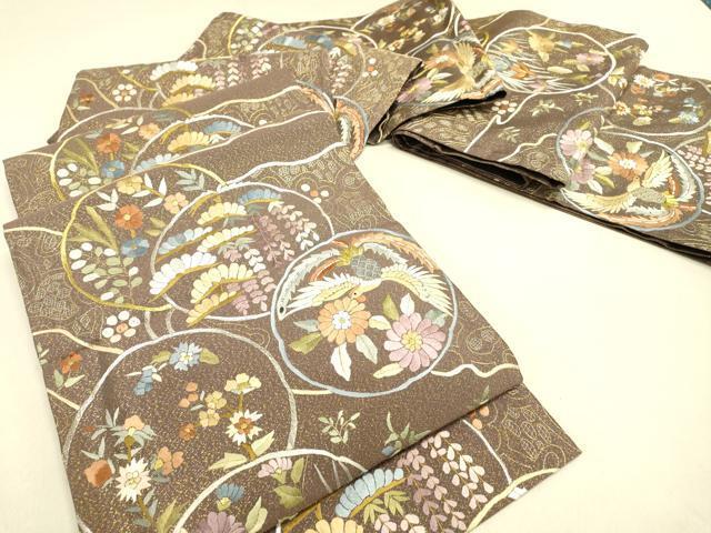 平和屋着物●極上　袋帯　総刺繍　花鳥丸文　金銀糸　正絹　逸品　DAAI7971fe