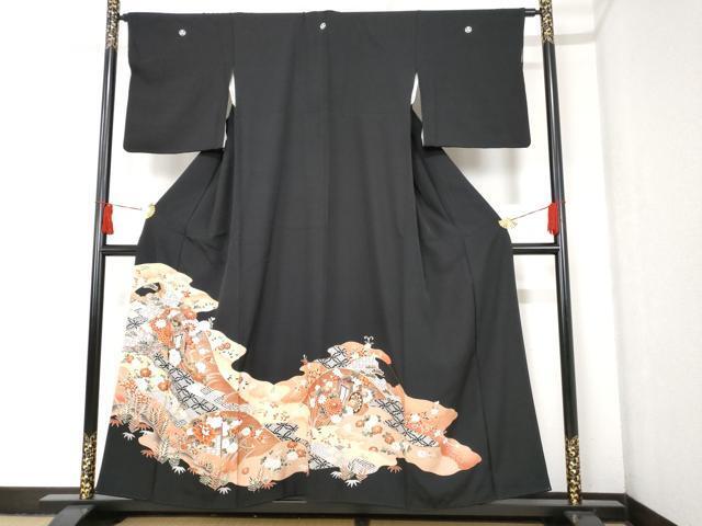 平和屋着物■豪華黒留袖　吉祥御所車草花文　正絹　逸品　AAAL5057bw