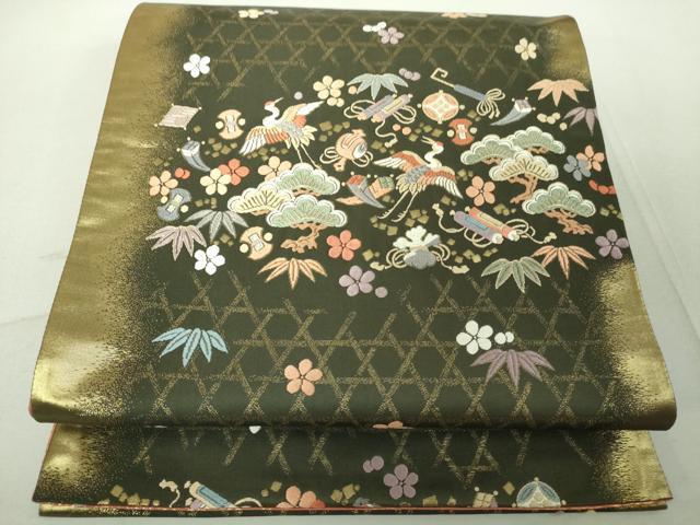 平和屋着物◎六通柄袋帯　唐織　宝尽くし飛鶴花文　金糸　正絹　逸品　DAAJ2684mz