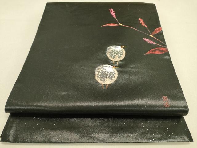 平和屋着物●太鼓柄袋帯　西村利夫　刺繍　洒落　田雲雀　引箔　正絹　逸品　DAAI7958fe