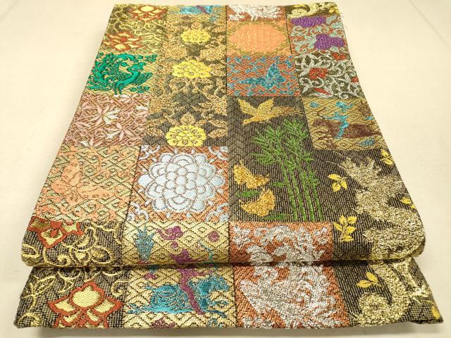 平和屋着物●六通柄袋帯　龍　狩猟市松花鳥文　金銀糸　正絹　逸品　未使用　DAAJ6111fe