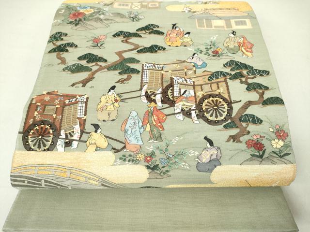 平和屋着物●明綴れ　太鼓柄袋帯　御所車人物花文　金糸　正絹　逸品　DAAI8284az
