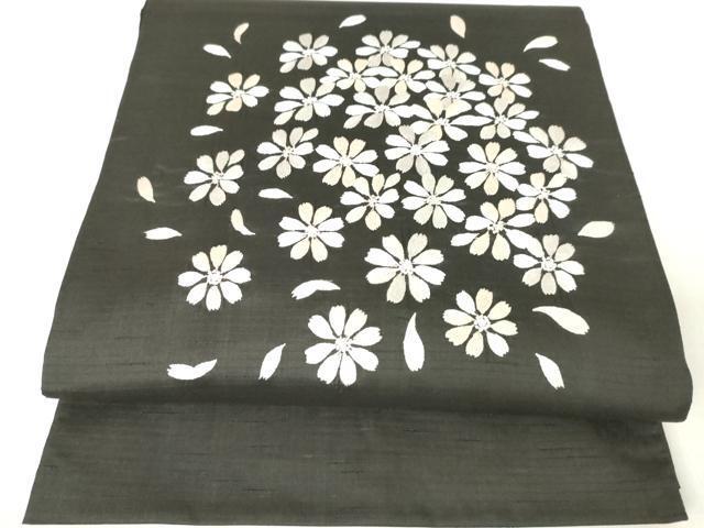 平和屋着物●太鼓柄袋帯　紬地　総刺繍　舞花文　黒地　正絹　逸品　DAAI8293az