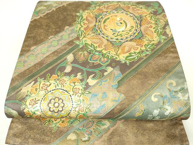 平和屋着物●六通柄袋帯　螺鈿　正倉院鳳凰花文　引箔　金彩　正絹　逸品　DAAI8308az