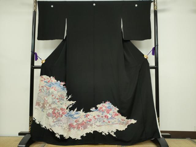 平和屋着物■豪華黒留袖　駒刺繍　片輪車草花文　正絹　逸品　CAAI6109ou