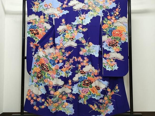 平和屋着物■豪華振袖　型染め　雲取り流水枝花文　金彩　鬼しぼ縮緬　逸品　CAAI0731yk