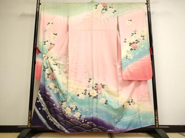 平和屋着物■写真家・秋山庄太郎　振袖　刺繍　花蝶文　暈し染め　金銀彩　正絹　逸品　AAAL2610cg