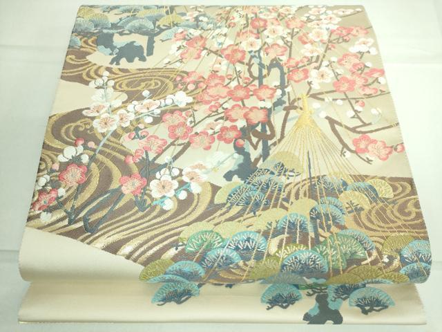 平和屋着物●本加賀友禅作家　百貫華峰　「美しいキモノ」となみ織物　六通柄袋帯　唐織　流水梅文　金糸　逸品　未使用　DAAJ1416ic