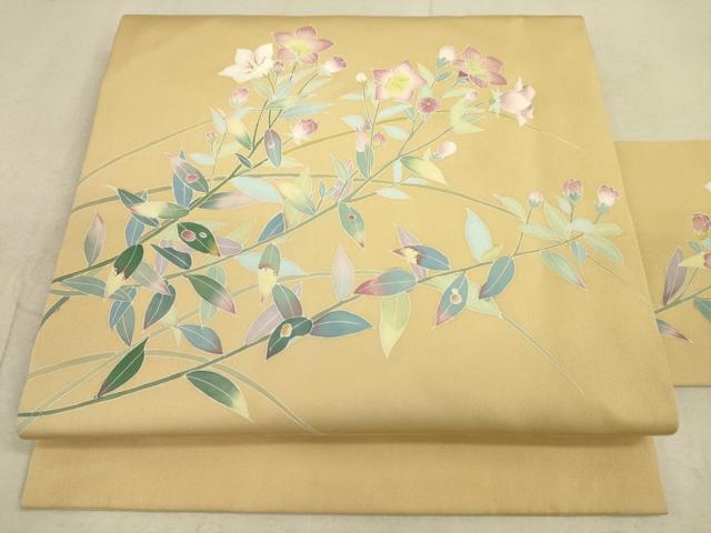 平和屋着物●塩瀬　九寸名古屋帯　友禅　作家物　草花文　飴色　正絹　逸品　DAAJ3849jm