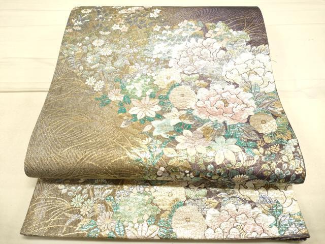 平和屋着物●六通柄袋帯　草花文　金銀糸　正絹　逸品　DAAJ5707du