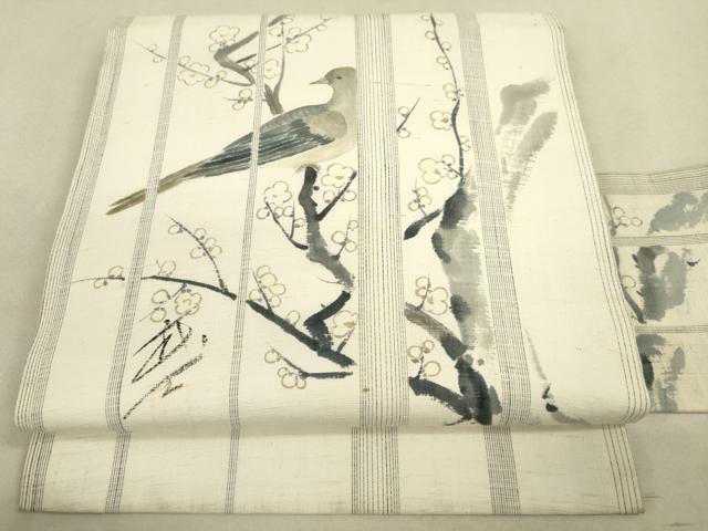 平和屋着物●染色作家　おだに武士　九寸名古屋帯　手描き　紬地　枝花に休み鳥　逸品　DAAJ3776jm