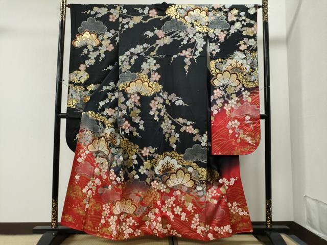 平和屋着物■豪華振袖　浜松文　ラメ　暈し染め　黒地　金銀彩　正絹　逸品　CAAI8778yc
