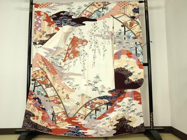 平和屋着物■豪華振袖　駒刺繍　渡橋風景吉祥花文　金彩　正絹　逸品　DAAI2757ox