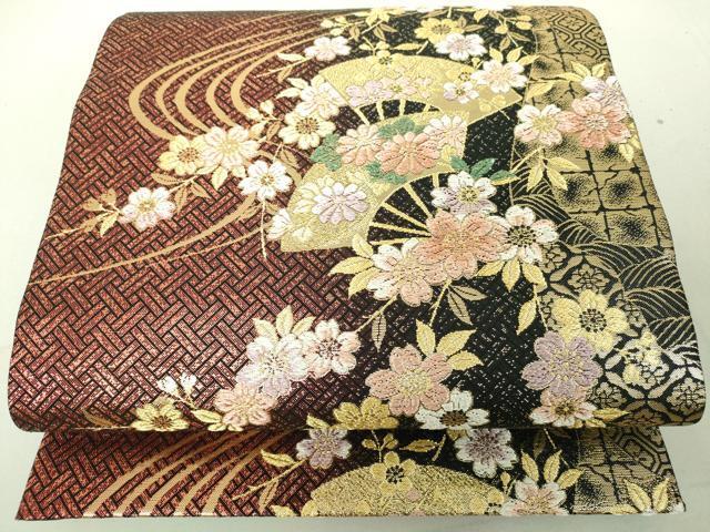 平和屋着物◎六通柄袋帯　扇面流水草花文　金銀糸　やまと誂製　正絹　逸品　DAAJ2727mz