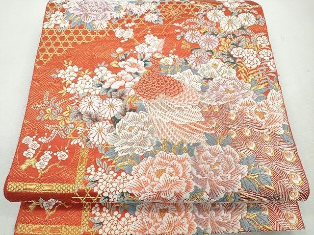 平和屋着物◎六通柄袋帯　唐織　孔雀枝花文　本金箔　正絹　逸品　CAAJ4803yk