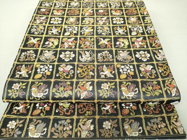平和屋着物●六通柄袋帯　唐織　格子花鳥文　金糸　正絹　逸品　DAAI6870ps