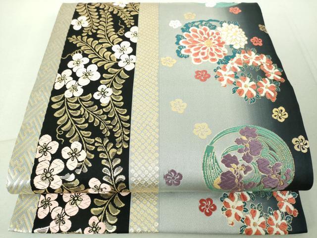 平和屋着物◎九寸開き名古屋帯　唐織　花丸間道　金糸　正絹　逸品　DAAJ2683mz