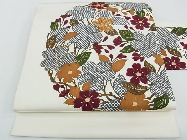 平和屋本店◆極上　銀座世きね　塩瀬　九寸名古屋帯　駒刺繍　草花文　逸品　CZAA0582s4