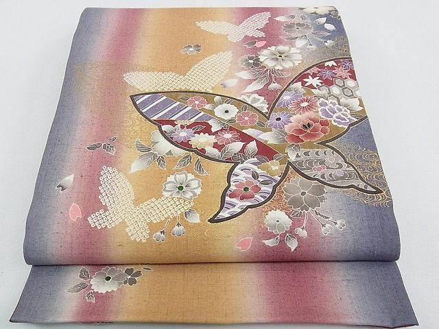 平和屋本店◆極上　玉蟲　太鼓柄袋帯　作家物　紬地　花蝶文　金彩　逸品　CZAA0806s4