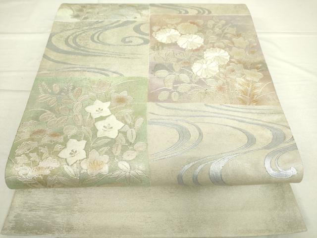 平和屋着物●太鼓柄袋帯　刺繍　格子花文　引箔　金銀彩　正絹　逸品　DAAI8201az