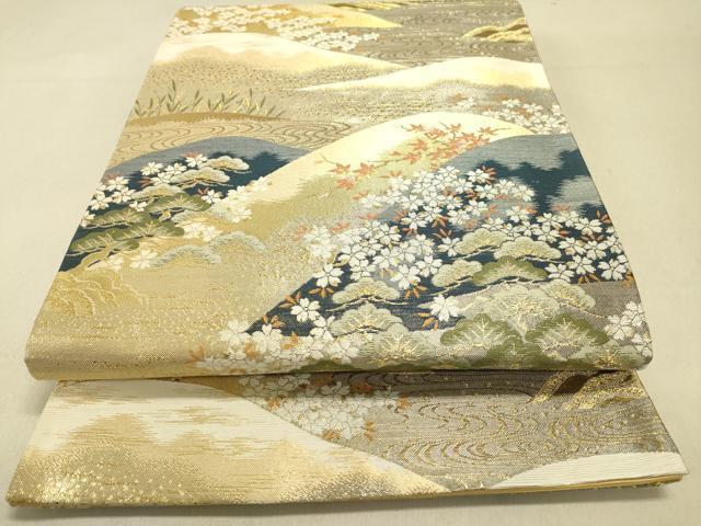 平和屋着物●六通柄袋帯　重ね山風景花松文　金糸　正絹　逸品　DAAJ6040fe