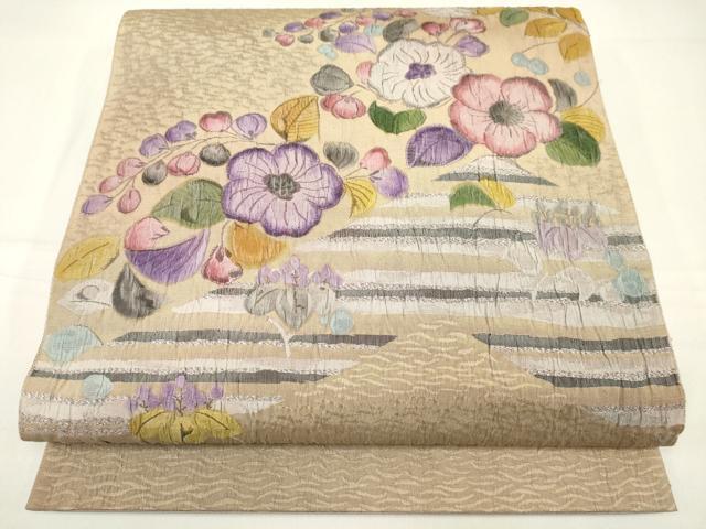 平和屋着物●太鼓柄袋帯　ふくれ織　辻が花　銀糸　正絹　逸品　DAAJ3949jm