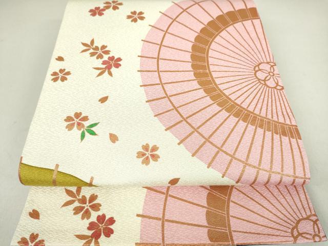 平和屋着物●両面　全通柄袋帯　番傘　舞桜　金彩　正絹　逸品　DAAI8315az