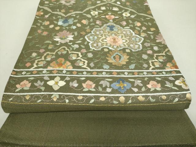 平和屋着物●太鼓柄袋帯　総刺繍　更紗花唐草文　金糸　正絹　逸品　DAAJ9065ps