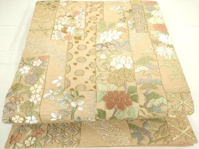 平和屋着物●極上　スリーシーズン　春夏秋　総刺繍　袋帯　紬地　短冊花文　金糸　正絹　逸品　DAAI8391az