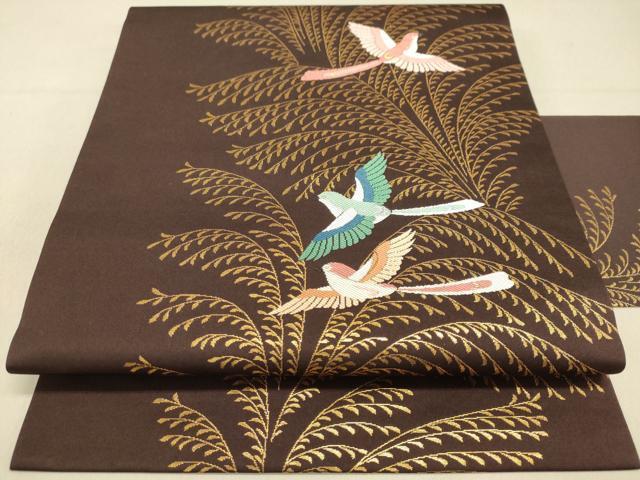 平和屋着物◎九寸名古屋帯　飛鳥草葉文　金糸　正絹　逸品　DAAJ7521fc